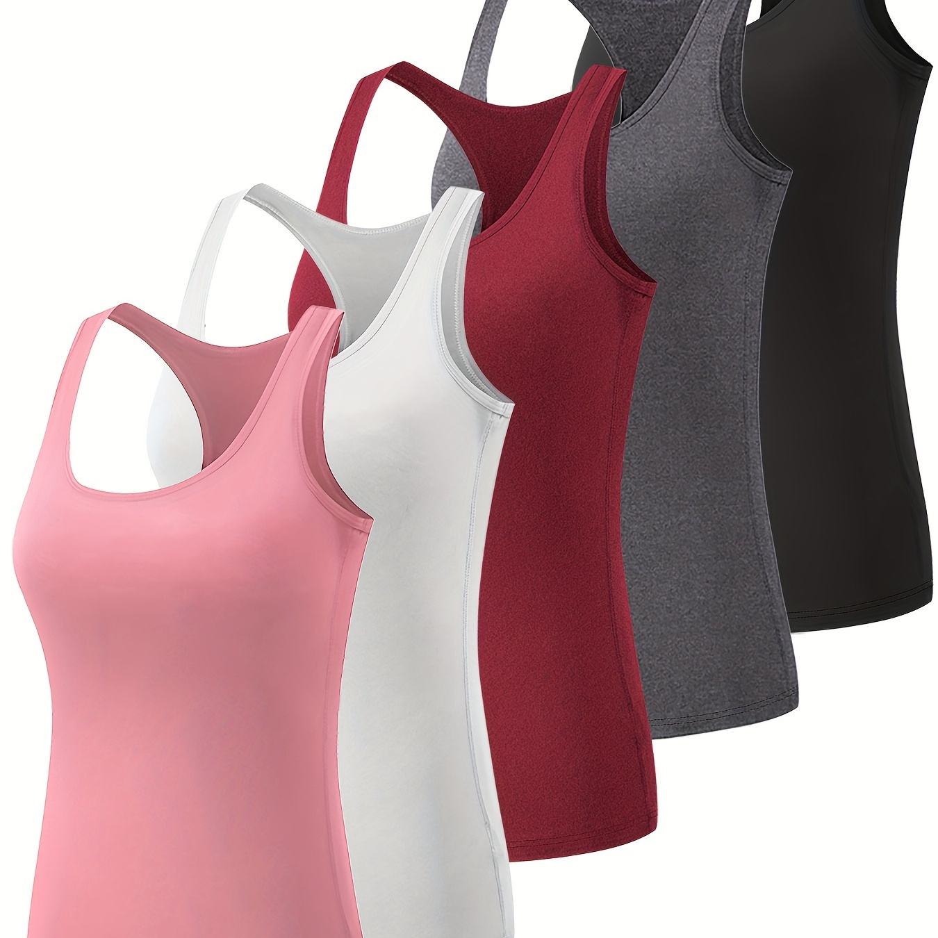 

5pcs Telaleo Women's Athletic Racerback Sports Tank Tops, Polyester 85% Spandex 15% Knit Fabric, Medium Stretch Crew Neck Sleeveless Workout Shirts For All , Curvy Plus Tank Tops