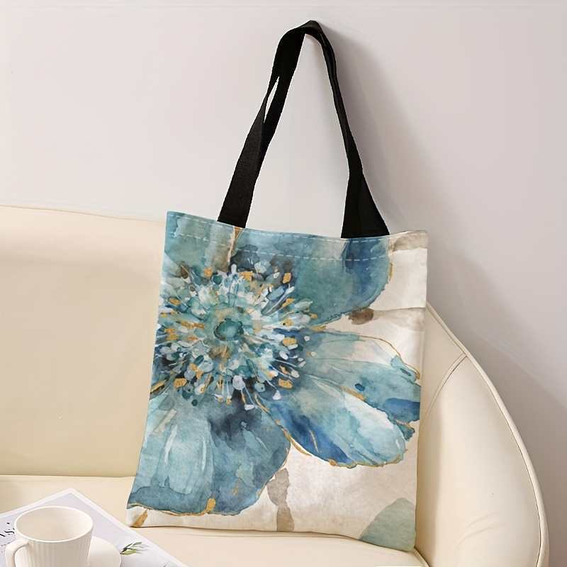 

Blue Floral Pattern Printed Casual Tote Bag, Lightweight Grocery Shopping Bag, Casual Canvas Shoulder Bag For School, Travel