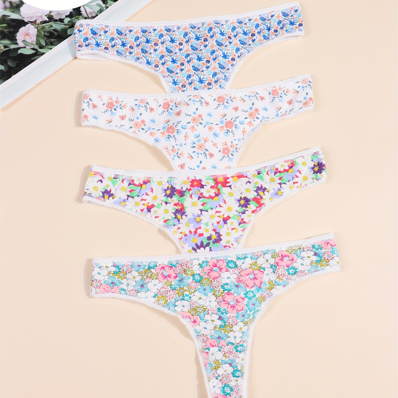 

4pcs Floral Allover Print Cotton Thongs, Cute Valentine's Day Comfy & Stretchy Lace Trim Intimates Panties, Women's Lingerie & Underwear 4packs Assorted