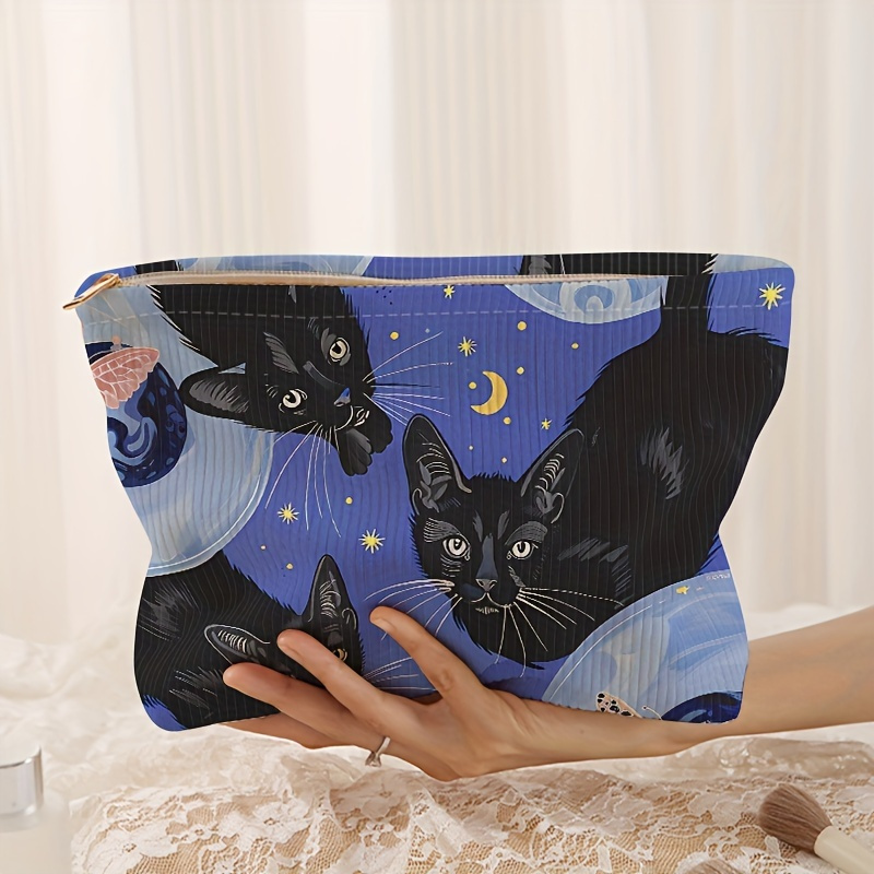 

Cat Pattern Printed Corduroy Zipper Makeup Bag Storage Bag, Lightweight Makeup Bag, Makeup Bag, Multifunctional Wash Bag With Lining