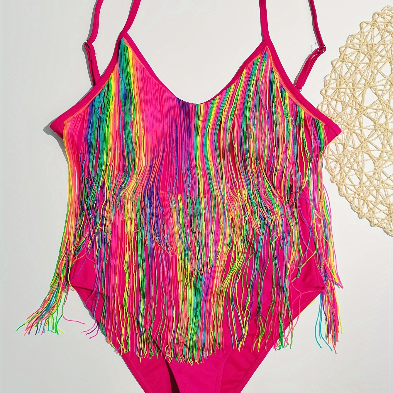 

Multi-color Fring Cut Out One-piece Swimsuit, Magenta Spaghetti Strap Stretchy Sexy Bathing Suits, Women's Swimwear & Clothing Carnaval & Music Festival