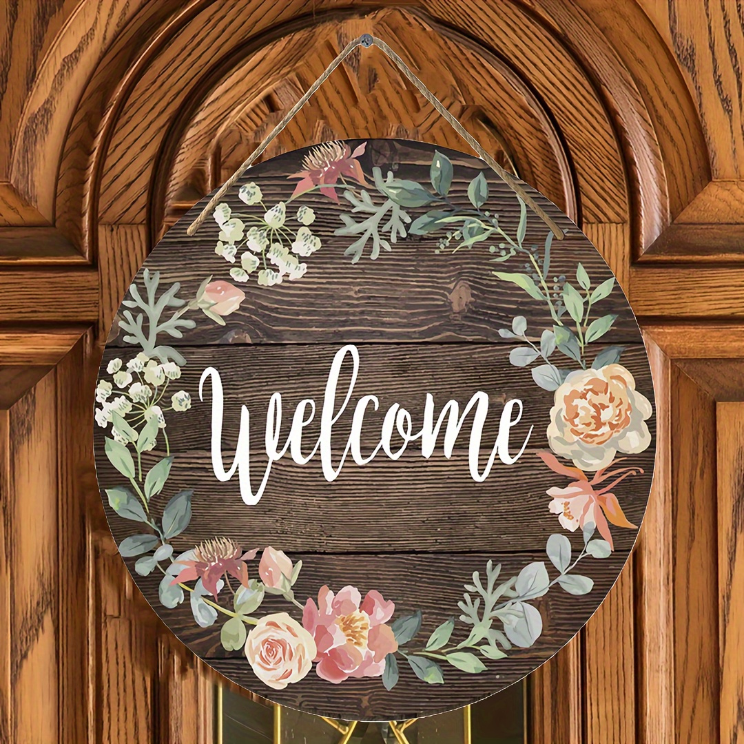

1pc Rustic Wooden Welcome Sign, Round 8-inch Festive Floral Wall Decor, 3d Vintage Farmhouse Home Accessory, With Rope For Indoor & Outdoor Display