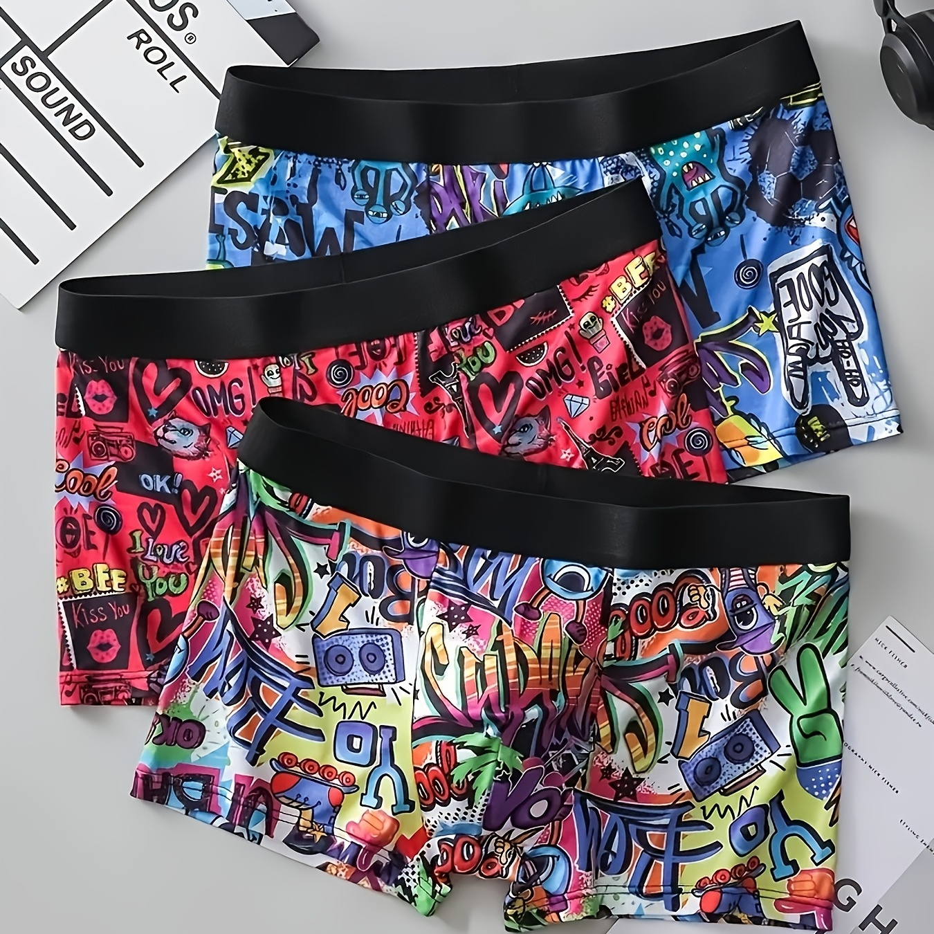 

3pcs Men's Fashionable Boxer Briefs Set - , Breathable Polyester & Spandex , Non-transparent With Unique Audio Heart