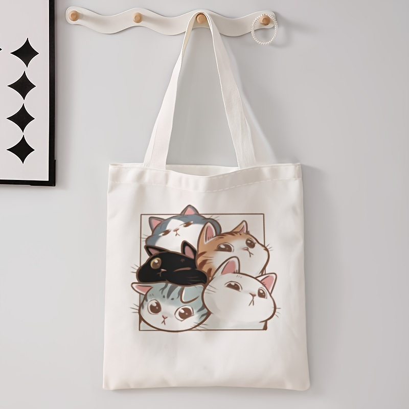 

4 Cat Pattern Tote Bag, Double-sided Printed Shoulder Bag, Multifunctional Handbag, Cartoon Canvas Shopping Bag