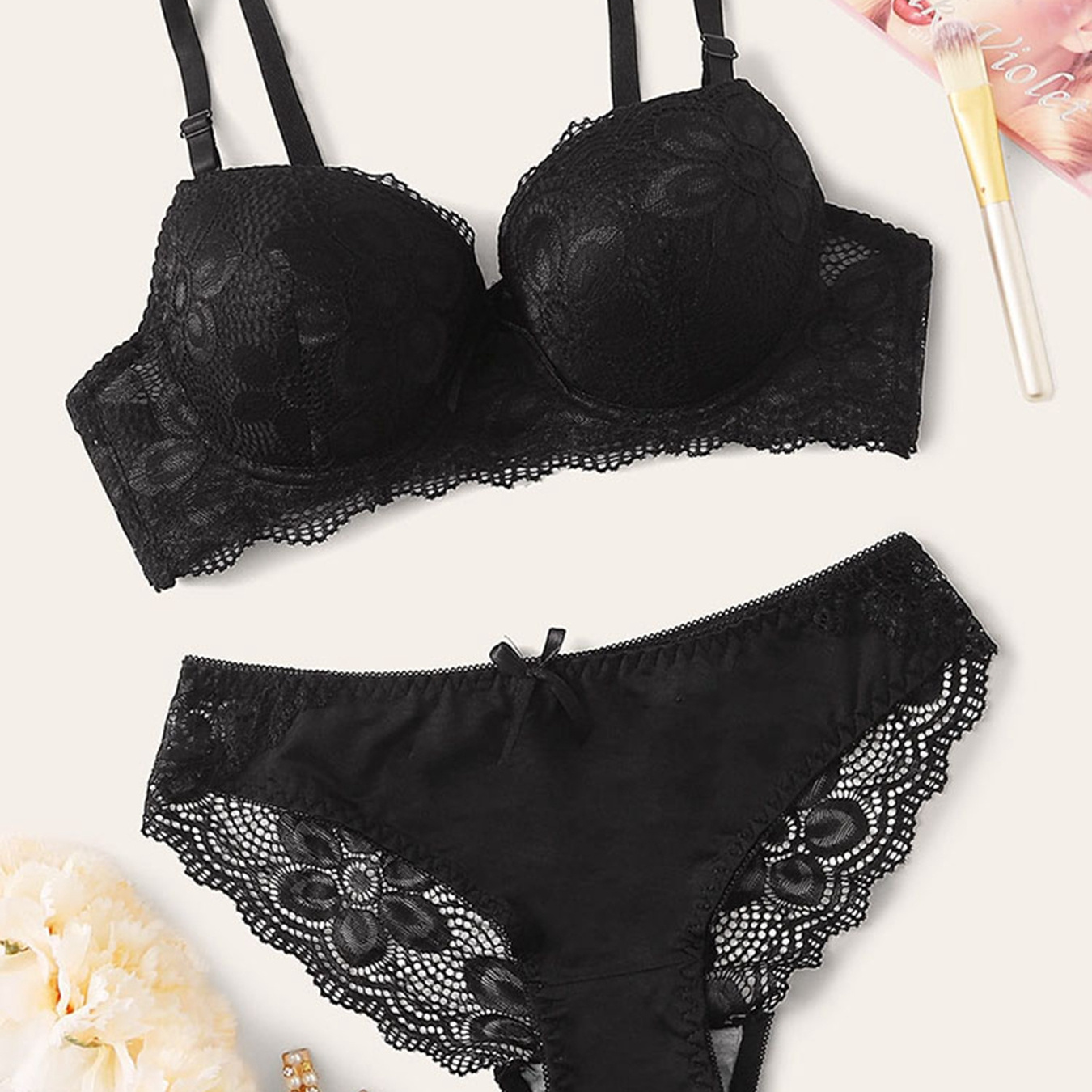 

Sexy Lingerie Set, Floral Lace Underwire Cami Bra & Panties, Women's Lingerie & Underwear