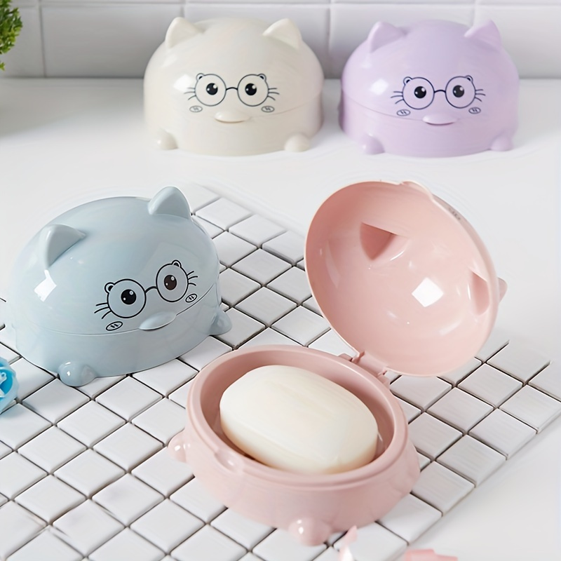 

1pc Cute Cat Cartoon Soap Dish With Lid, Plastic Soap Holder, Draining Soap Box For Bathroom Home, Cute Bathroom Storage Case