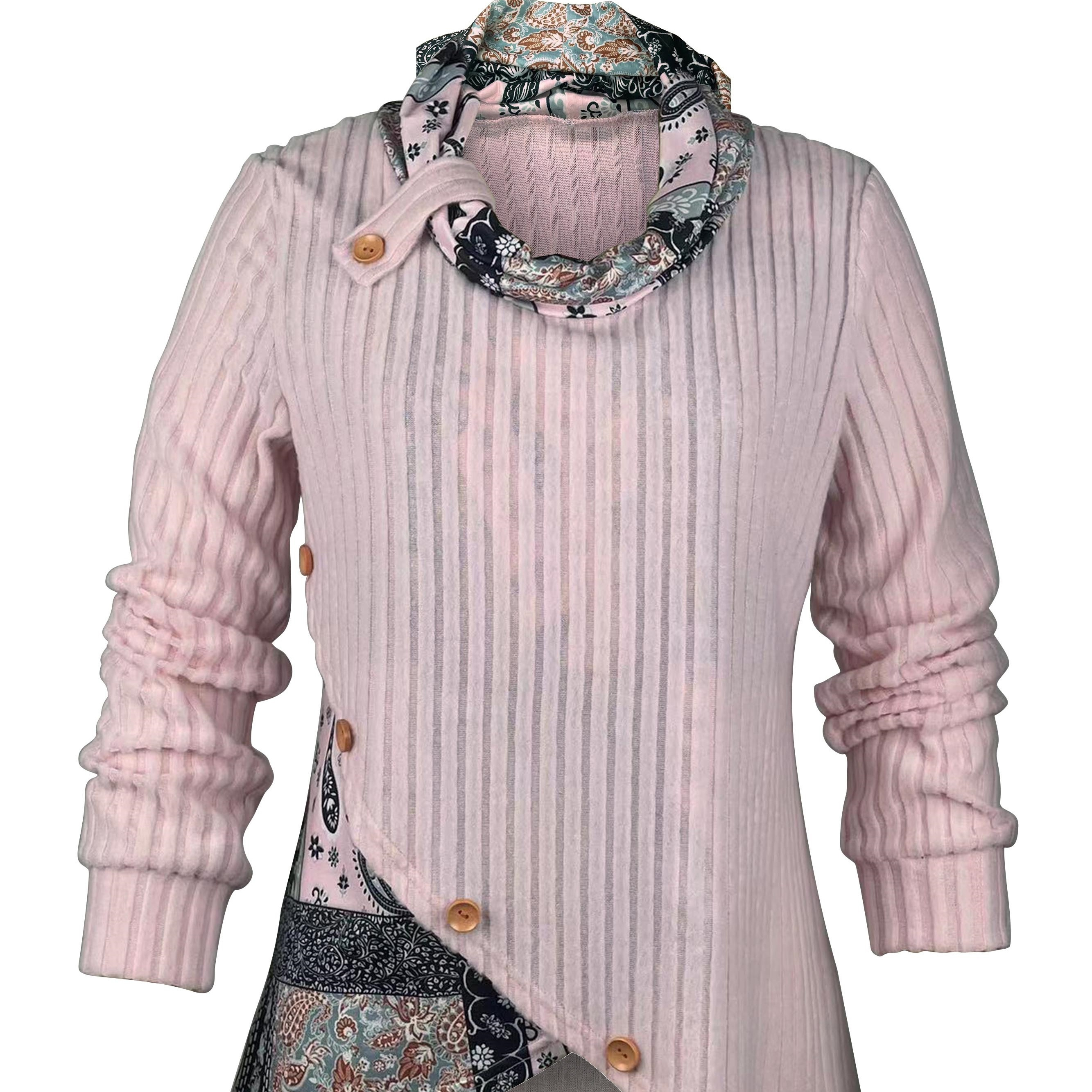 

Contrast Paisley Cowl Neck Tunics, Elegant Long Sleeve Button Decor Outwear, Women's Clothing
