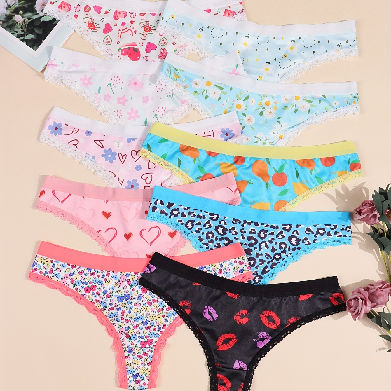 

10 Pcs Cute Allover Fruit & Heart & Leopard Print Thongs, Soft & Comfy Lace Trim Panties, Women's Lingerie & Underwear