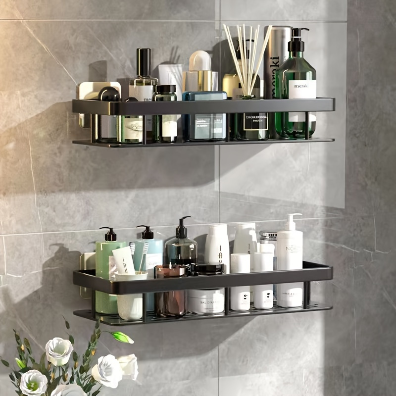 

Double Layer Wall Mounted Shower Caddy Shelf Organizer - Plastic Self-adhesive Storage Rack For Bathroom, Kitchen, Hotel - Black, Holds Shampoo, Soap, Spices - No Electricity Required