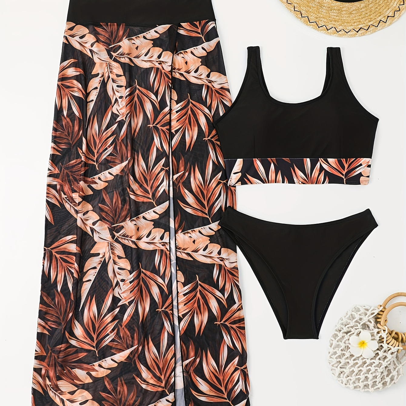 

Leaf Print 3 Piece Set Bikini, V Neck Stretchy High Cut With Cover Up Skirt Swimsuits, Women's Swimwear & Clothing