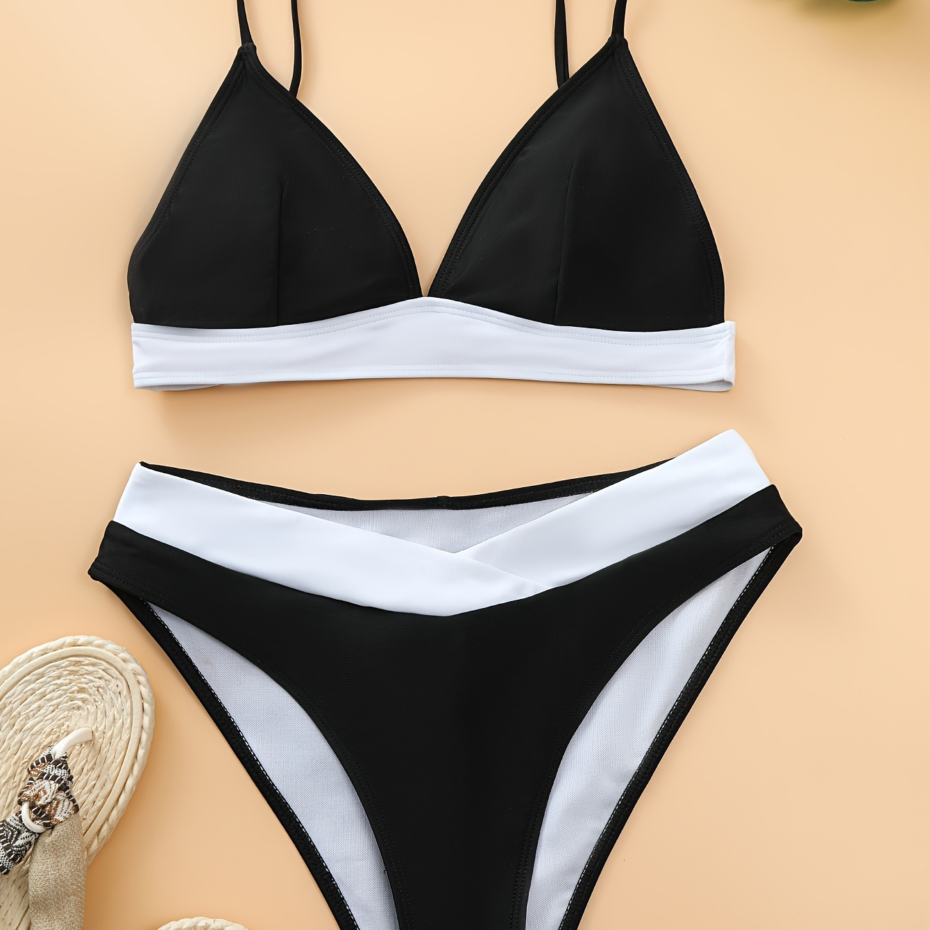 

Contrast Color 2 Piece Set Bikini, V Neck Stretchy High Cut Swimsuits, Women's Swimwear & Clothing Triangle Top