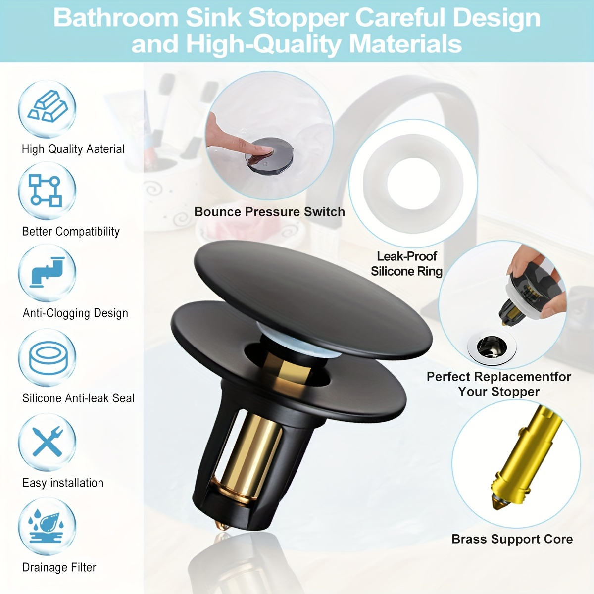 

Pop-up Bathroom Sink Stopper With Anti-clog Filter - , No Power Needed