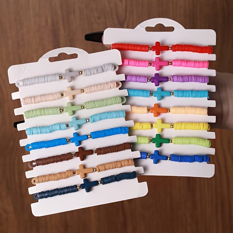 

8pcs Stylish Bohemian Coloured Soft Ceramic Cross Unisex Stretch Bracelet Set For Men Women