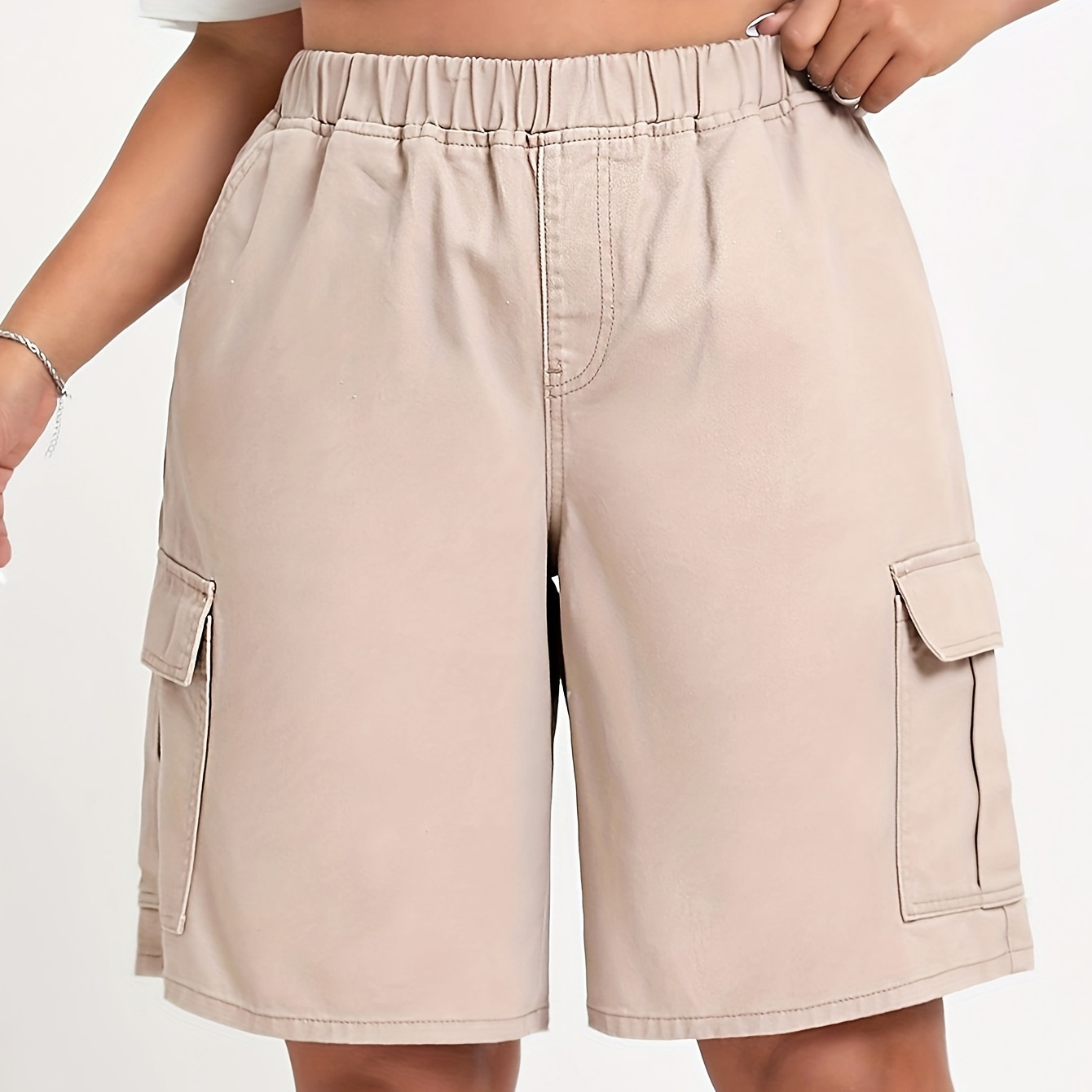 

Women's Plus Size Casual Streetwear Elastic Waist Cargo Demim Shorts, Loose Fit With Multiple Pockets Jorts, Fashionable Summer Clothing