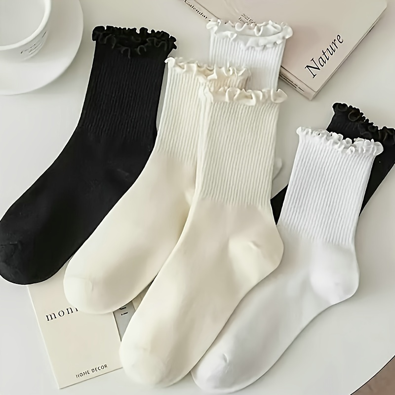 

3 Pairs Solid Trim Socks, Japanese College Mid Tube Socks, Women's Stockings & Hosiery