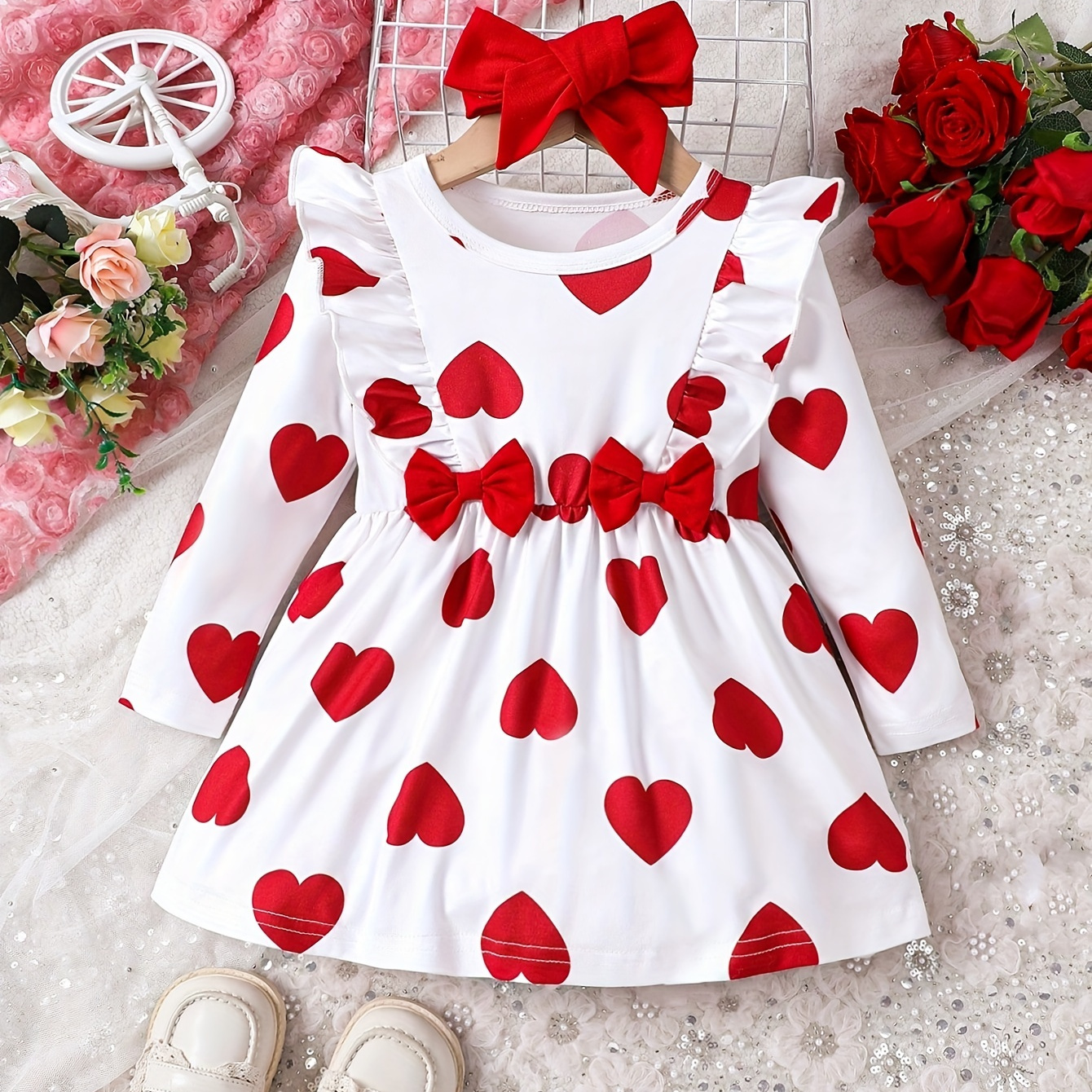 

Baby's Bowknot Decor Heart Pattern Long Sleeve Dress & Hairband, Infant & Toddler Girl's Clothing For Summer/spring, As Gift