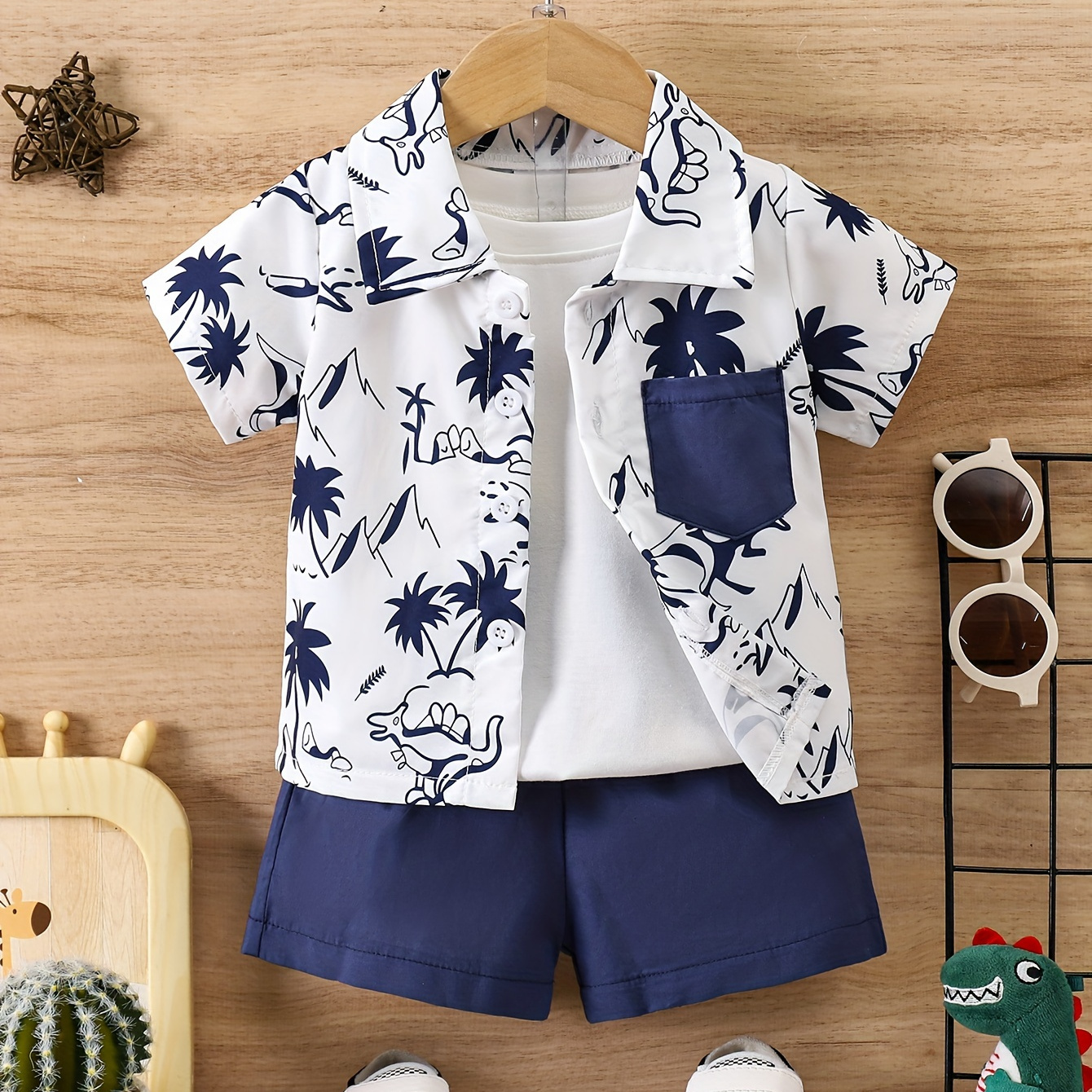 

2pcs Infant & Toddler's Cartoon Coconut Tree Print Casual Outfit, Short Sleeve Shirt & Solid Color Shorts, Baby Boy's Clothes For Summer Beach Holiday