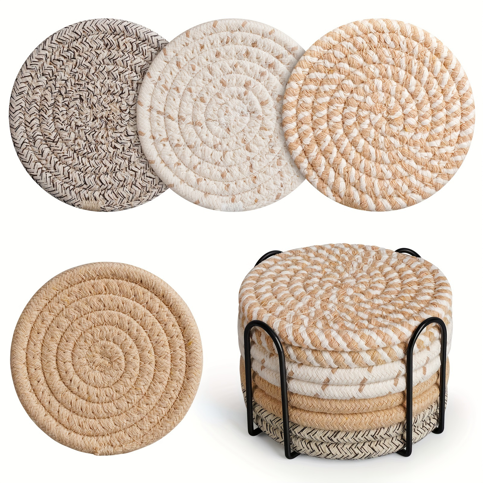 

8pcs, Round Fabric Coasters, Thermal Insulation Mat For Household Kitchen Tables, Round Cotton Rope Woven Meal Pad, Plate Mat, Cup Mat, Pot Mat, Hanging Home Decoration