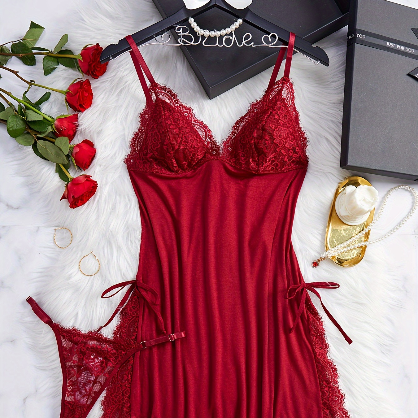 

Contrast Lace Lingerie Set, Deep V Bow Knot Slip Dress & Thong, Women's Sexy Lingerie & Underwear