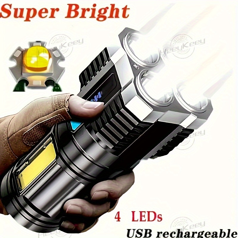 

1pc Rechargeable Usb Flashlight With 4 Led And Cob Side Lights For Outdoor Camping And Fishing, With 4 , , And