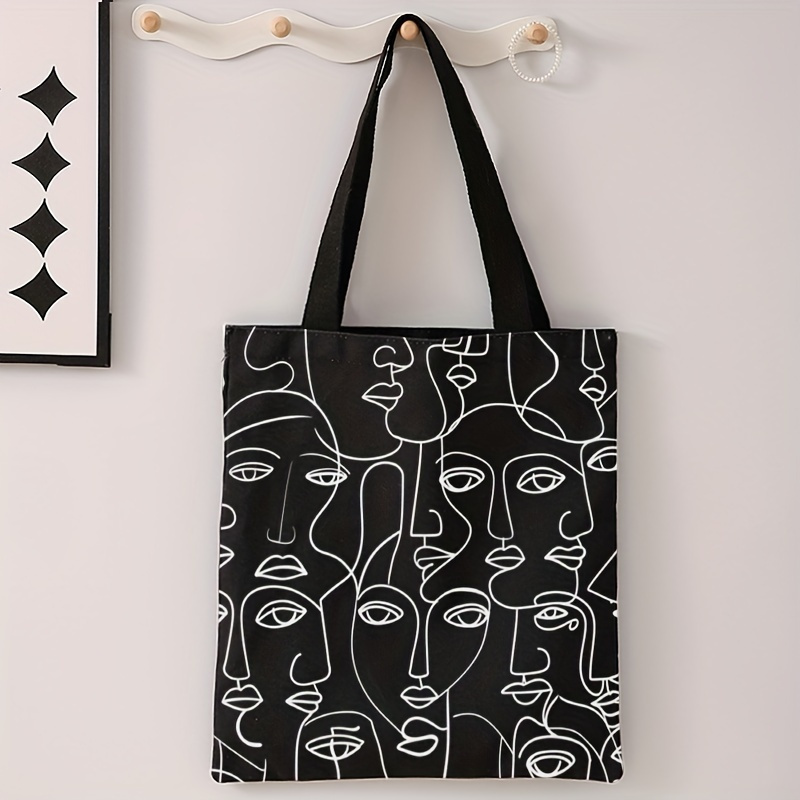 

Line Humanoid Pattern Double-sided Printed Casual Tote Bag, Lightweight Large Shopping Bag, Fashion Canvas Shoulder Bag
