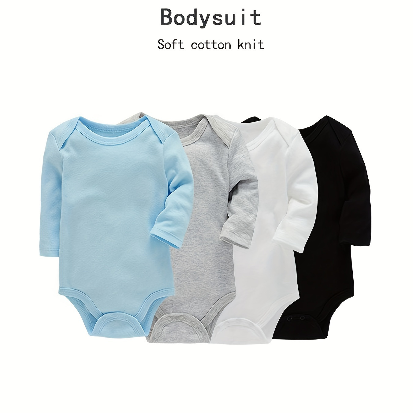 

4pcs Baby Boy's 100% Cotton Bodysuits, Knit Long Sleeve Onesies, Plain Solid Colors Infant Base Rompers, Casual Style For Newborns