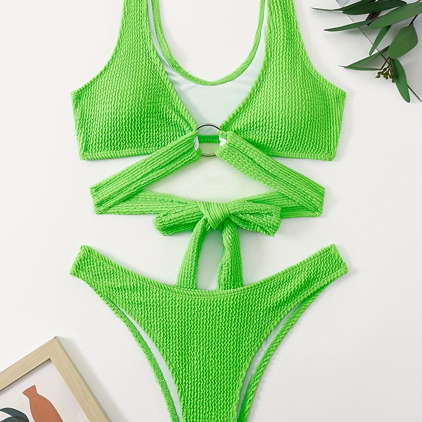 

Plain Neon Green Textured Fabric 2 Piece Set Bikini, Ring Criss Cross Stretchy Swimsuits, Women's Swimwear & Clothing