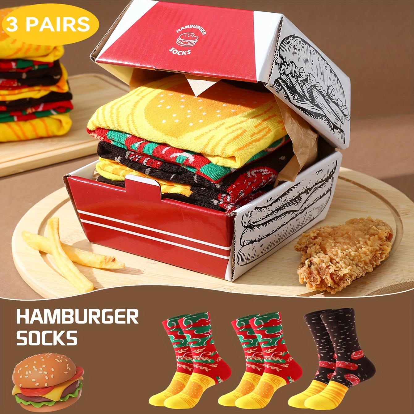 

3pcs Funny Hamburger Pattern Mid-calf Socks For Couples - Breathable, Comfortable Polyester - Perfect Novelty Gift For Holidays &