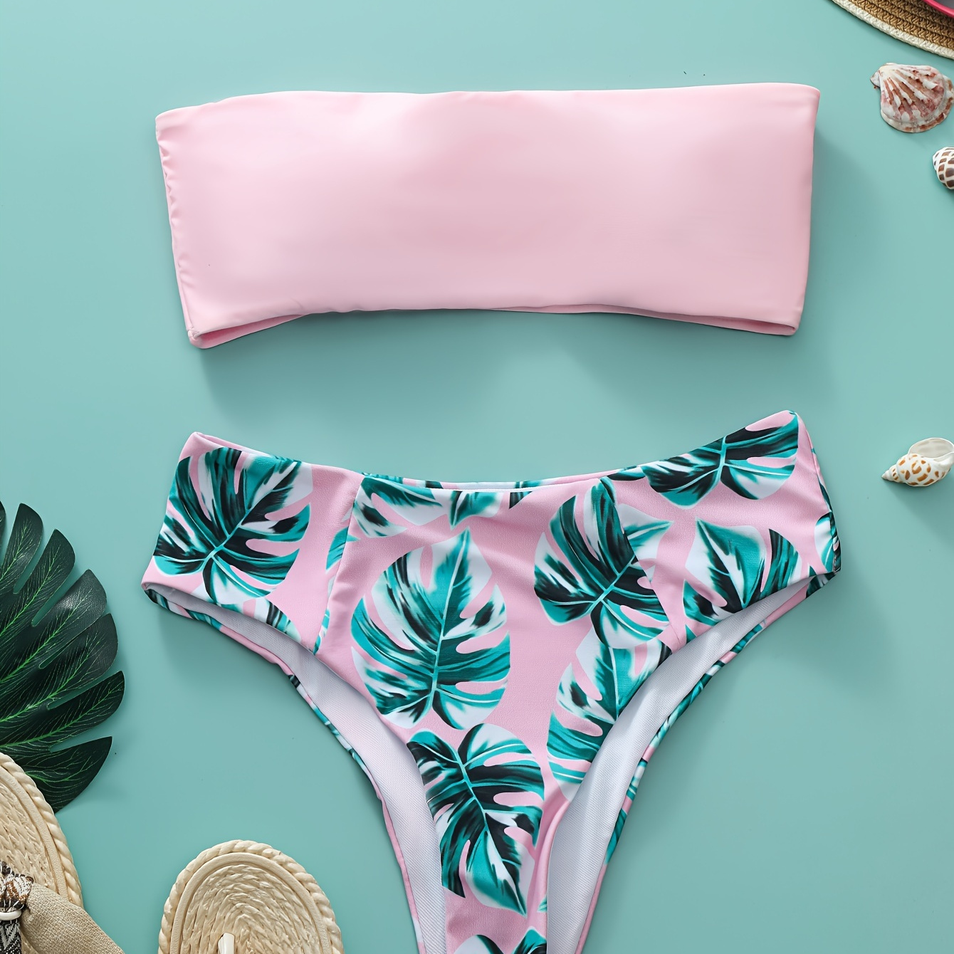

Tropical Print 2 Piece Set Bikini, Tube Top Stretchy High Cut Swimsuits, Women's Swimwear & Clothing