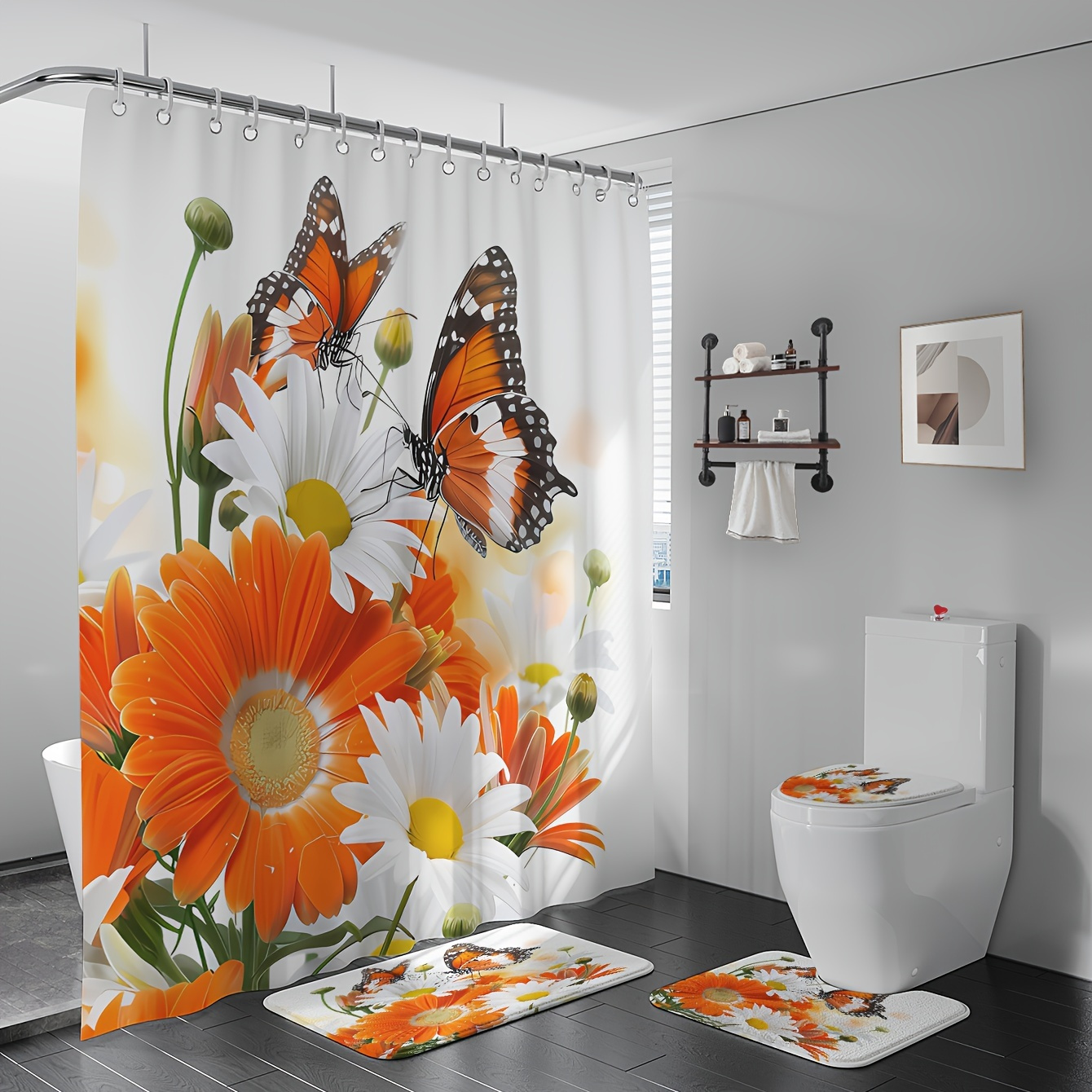 

Water-resistant Shower Curtain Set With Butterfly And Floral Print - 4-piece Bathroom Decor With Non-slip Rugs, Toilet Lid Cover, U-shaped Mat - Machine Washable, Polyester Knit Fabric With 12 Hooks