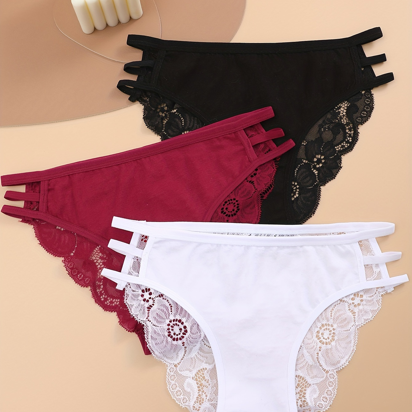 

3pcs Low Waist Lace Briefs, Soft & Comfy Cut-out Intimate Panties, Women's Underwear & Lingerie
