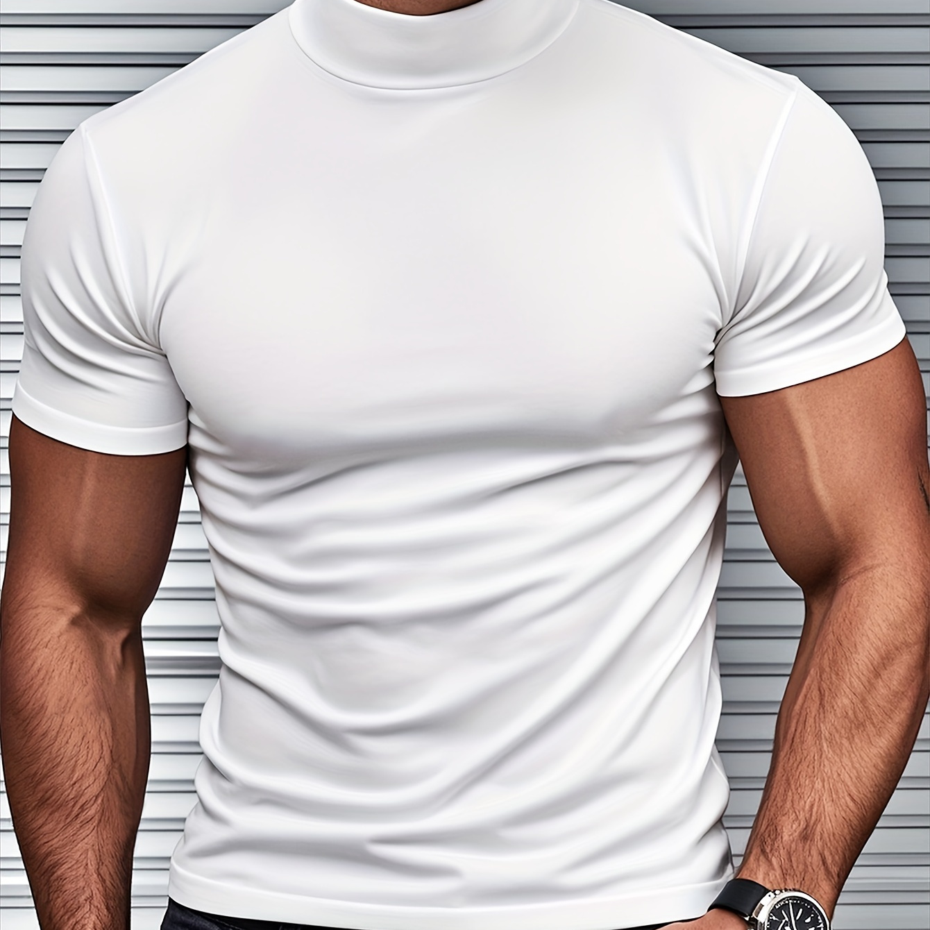 

T-shirt à manches courtes pour homme en tissu tricoté confortable avec un col -haut, pour une tenue décontractée en automne. de haute qualité et unie .