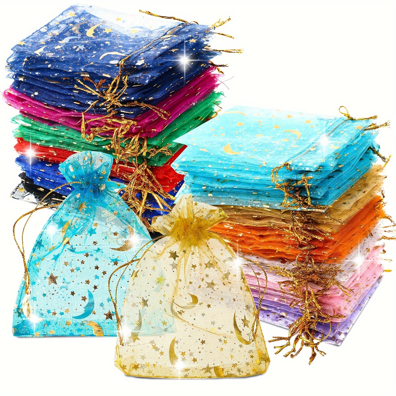 

50pcs Moon Star Organza Sheer Jewelry Drawstring Mesh Bags Assorted Colors Fashion Wedding Party Candy Wrap Gift Packaging Bags Bulk For Christmas Birthday Festival Supplies 7*9cm For Eid, Ramadan