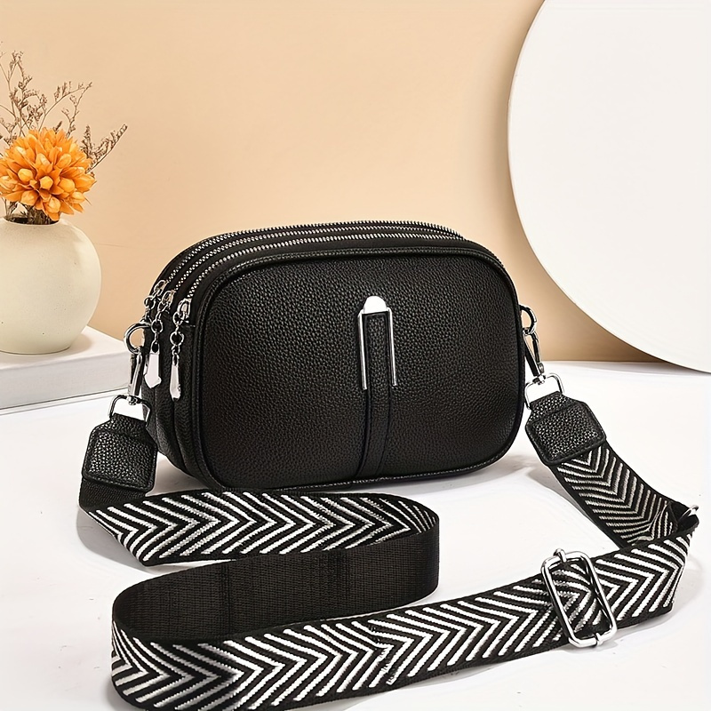 

Sac à bandoulière tendance pour femmes, sac à main à fermeture zippée, doublé en polyester, couleur unie, détail de peinture sur les bords, petit sac mom polyvalent - Noir/Blanc//Blanc