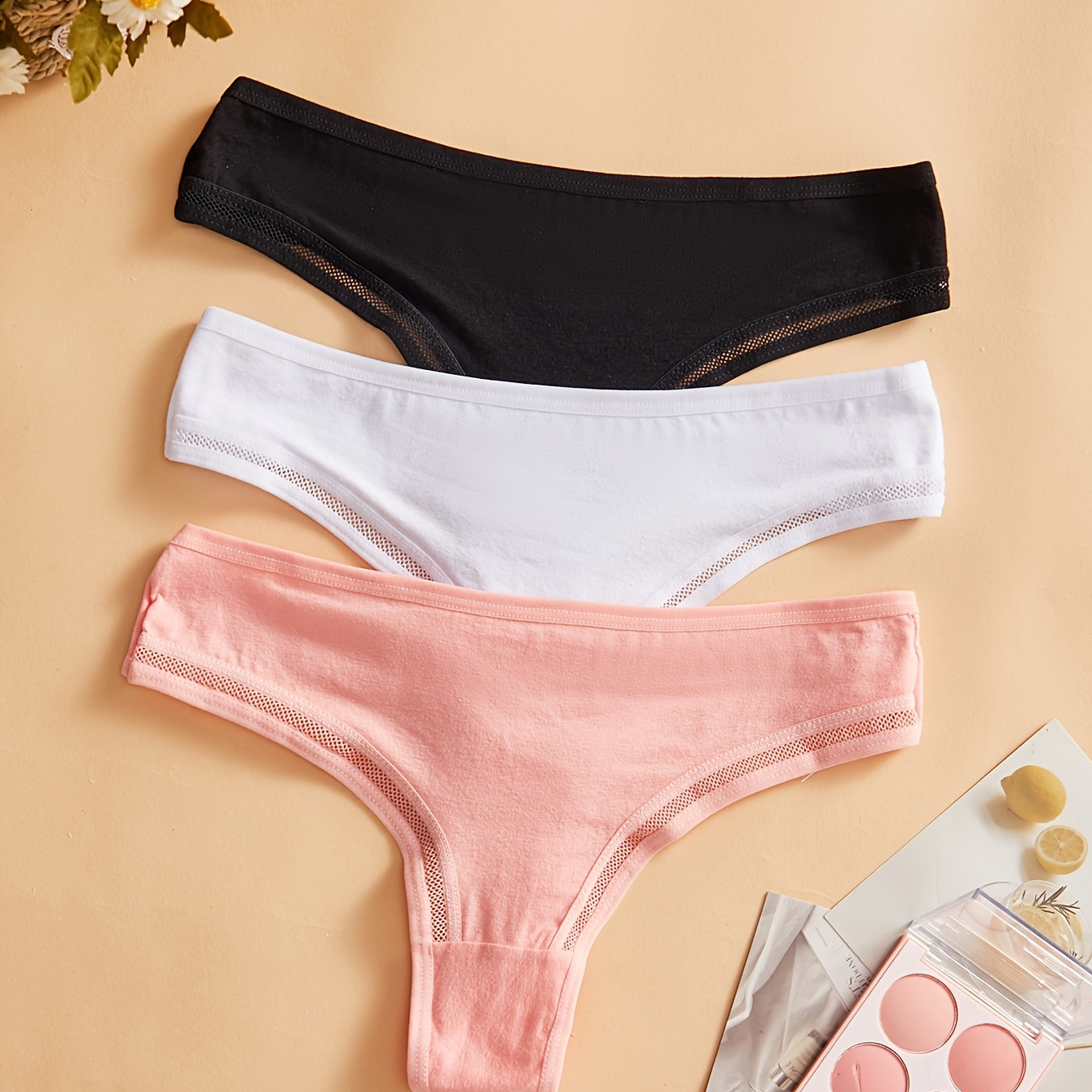

3pcs Women's Sexy Panties Set, Plus Size Seamless Solid Mid Waist Patchwork Thongs