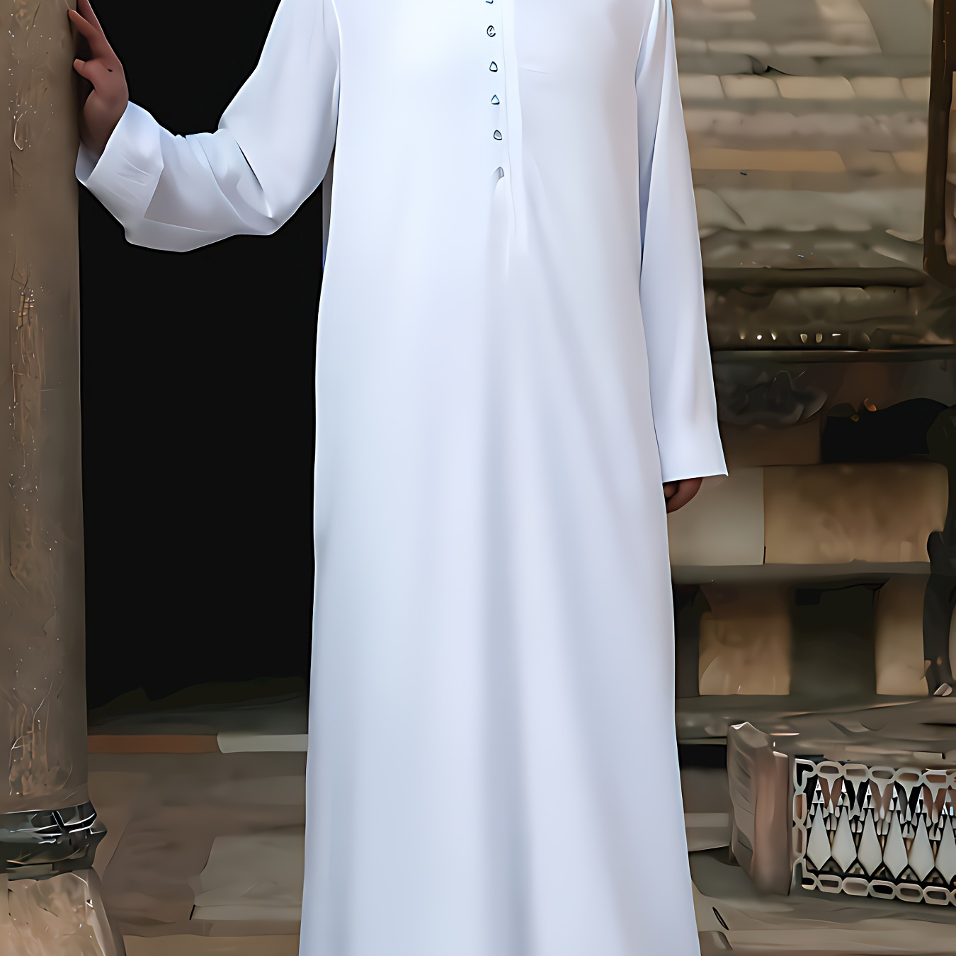 

Eid Arabic Kandora Men Long Sleeve Solid Color Band Collar Clothes Vintage Casual Dubai Men Jubba Thobe, Ramadan, Eid Aladha