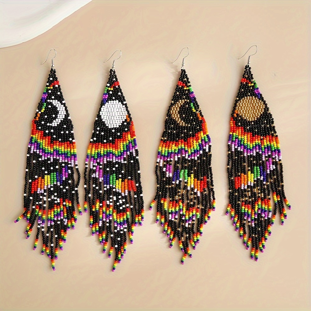 

Bohemian Style Bead Tassel Earrings, Black Moon Landscape Long Fringe Ear Adornment, Simple Design Fashion Jewelry