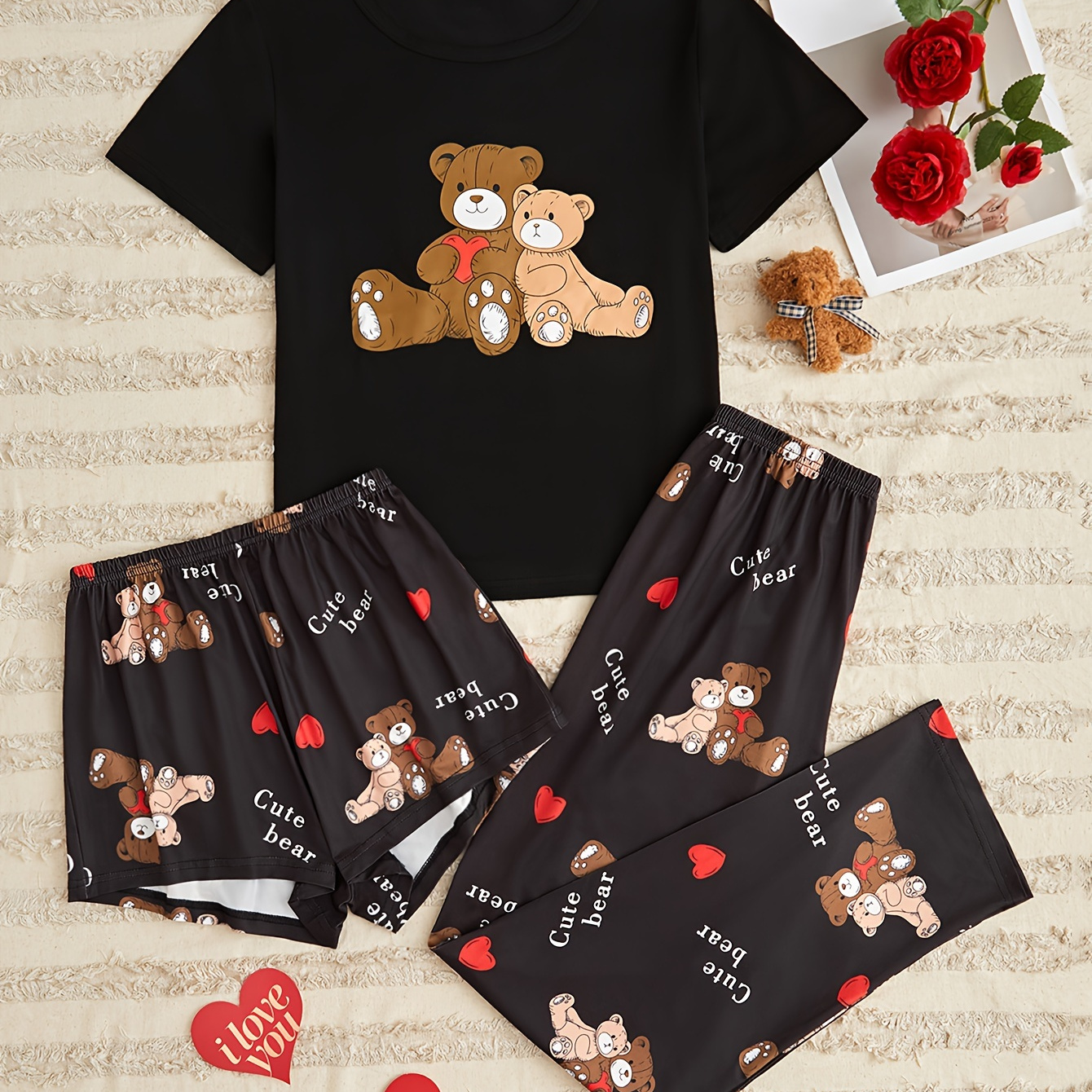 

Casual Heart & Teddy Bear Print Pajama Set, Short Sleeve Crew Neck Top & Shorts & Pants, Women's Sleepwear & Loungewear
