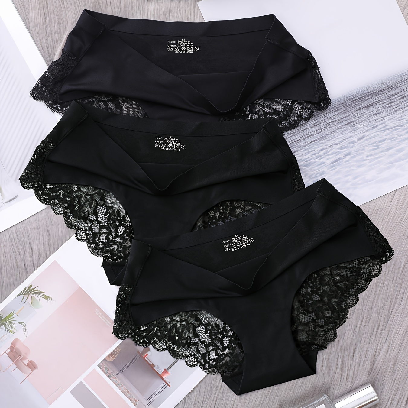 

3pcs Sexy Lace Stitching Panties, Breathable & Comfy Low Rise Intimates Panties, Women's Lingerie & Underwear