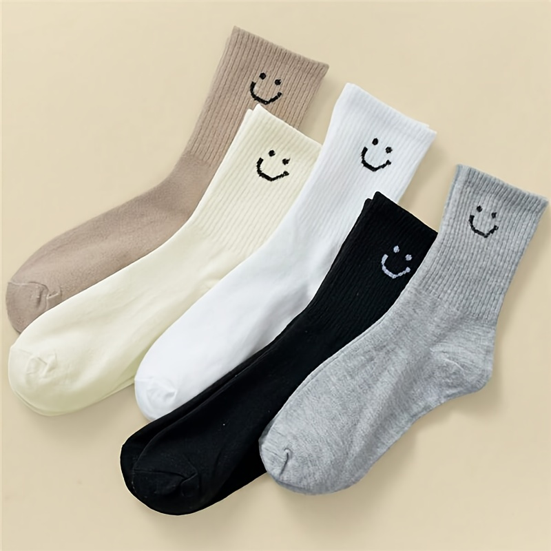 

5 Pairs Smile Face Print Socks, Simple & Comfy Mid Tube Socks, Women's Stockings & Hosiery