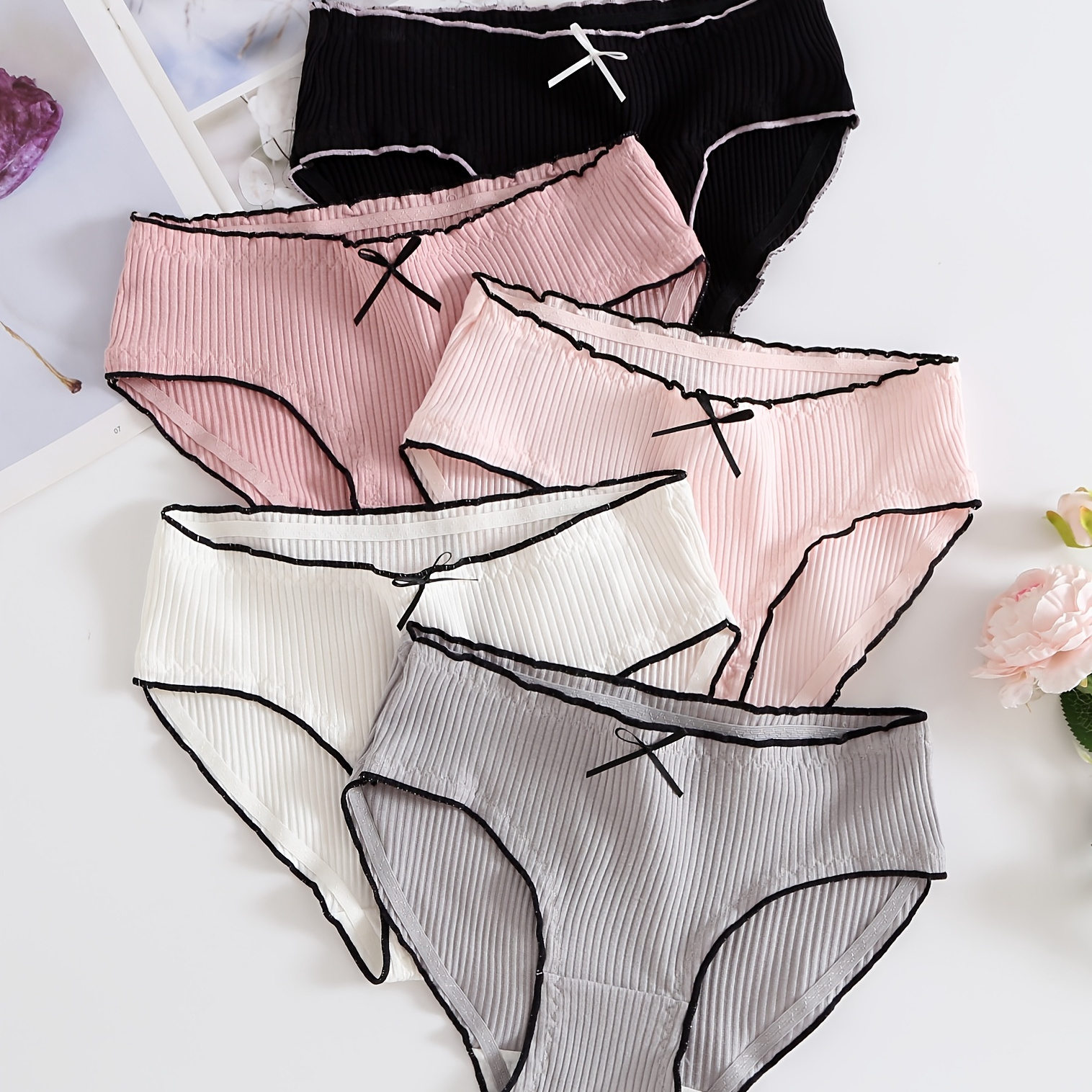 

5pcs Bow Tie Ribbed Briefs, Comfy & Cute Stretchy Intimates Panties, Women's Lingerie & Underwear