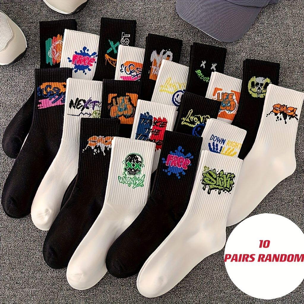 

10 Pairs Fashionable Letter Graffiti Casual Socks, Comfy & Breathable Mid Tube Socks, Women's Stockings & Hosiery