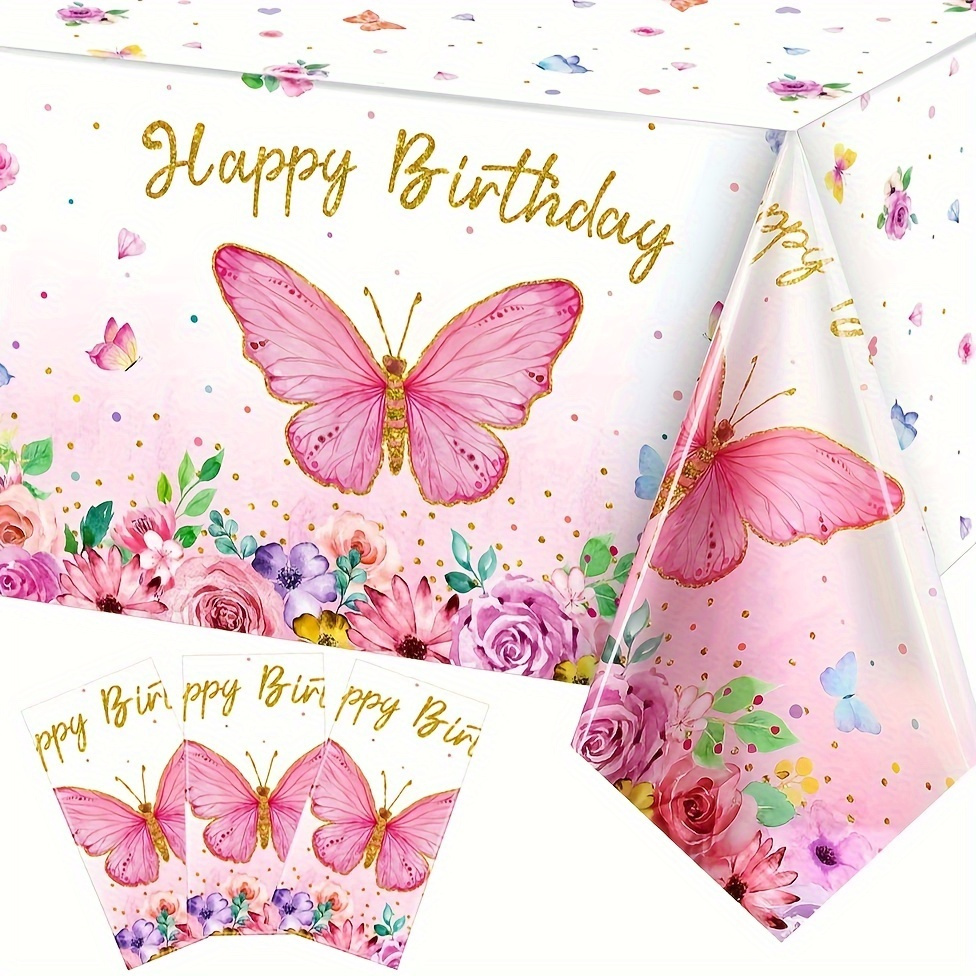 

1pc, Butterfly Happy Birthday Tablecloth, Butterfly Party Decorations Rectangular Watercolor Butterfly Table Cover Spring Theme Plastic Tablecloth For Party, 108 X 54 Inches