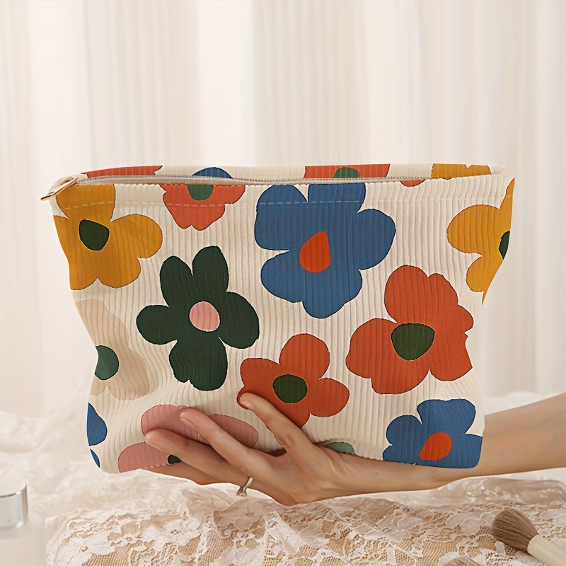 

Floral Pattern Corduroy Zipper Cosmetic Bag - Polyester, Multifunctional Travel Makeup Pouch With Lining, Portable Toiletry Organizer Bag, Unscented