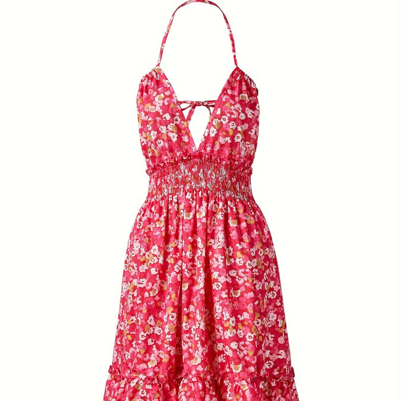 

Floral Print Halter Neck Dress, Sexy Plunging Backless Pleated Dress, Women's Clothing