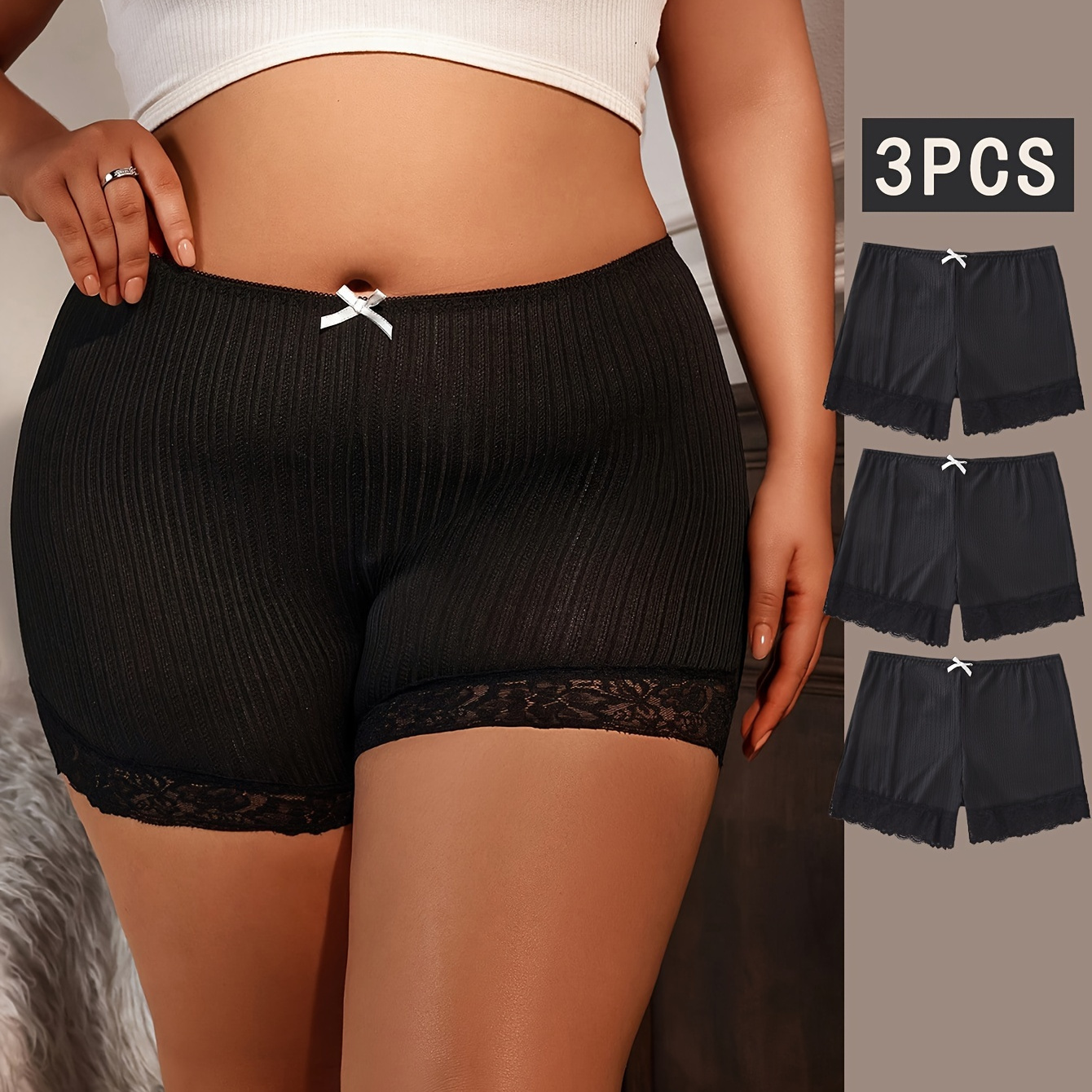 

3pcs Plus Size Sporty Panties, Women's Bow Decor Textured Mid Waisted Lace Trim Boyshorts