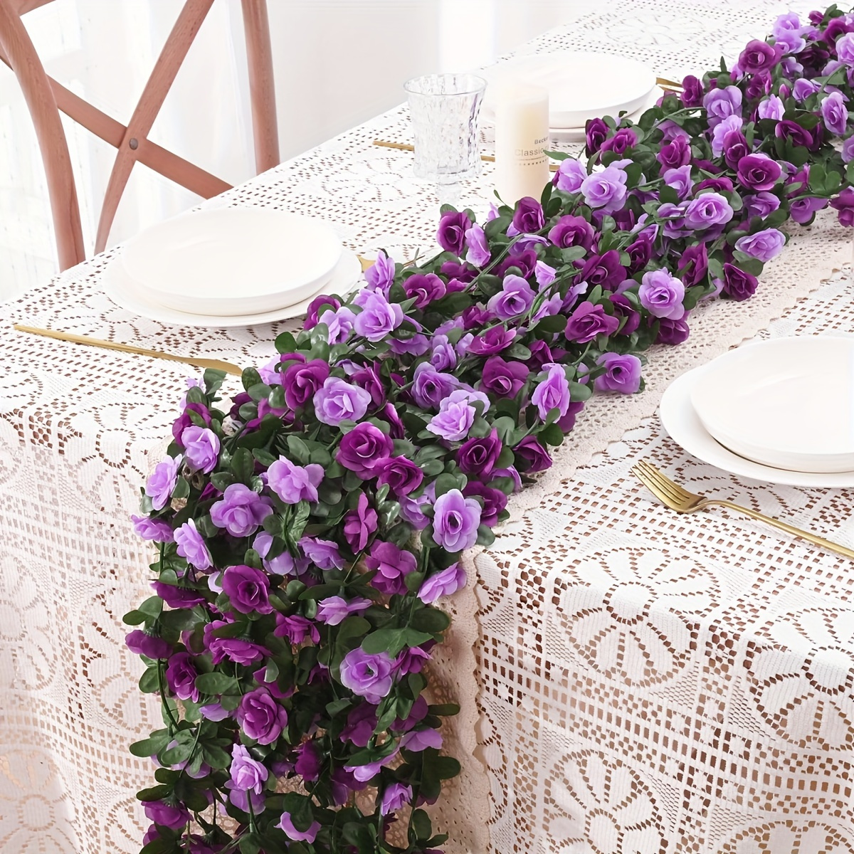 

1 Pack Artificial Rose Garland, 45 Heads Dual-tone Purple, Fabric Hanging Flower Vine For Reunion, Wedding, Decor, Room Type - Ideal For Christmas, Easter, Thanksgiving, Valentine's Day, Graduation