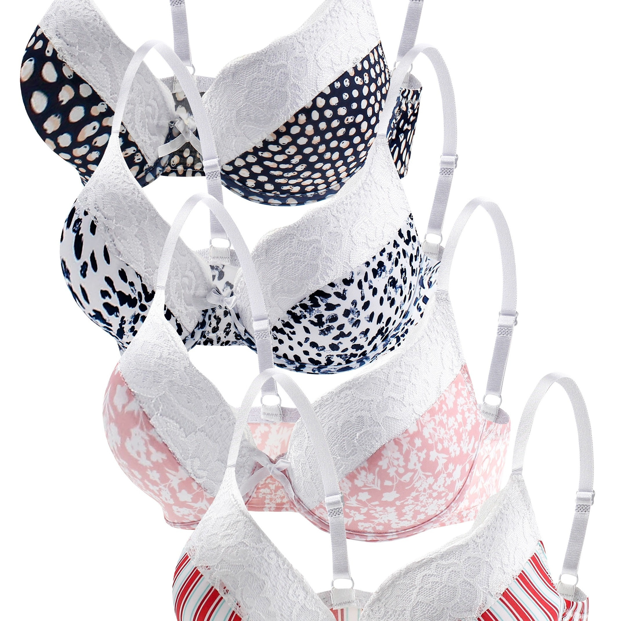 

4-piece Set Small Size Printed Underwire Bras, Elegant Style, Lace Detail, Comfortable Lingerie, Adjustable Straps, Assorted Designs