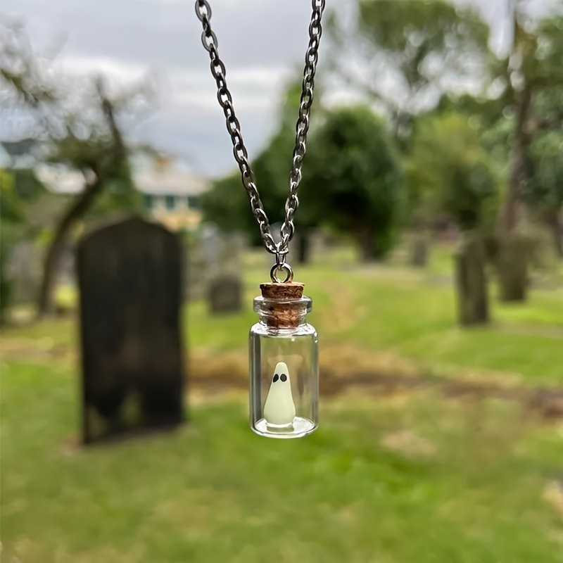 

Glow-in-the-dark Ghost Pendant Necklace, Halloween Themed, Vintage Style Glass Bottle Charm, Luminescent Spirit Accessory For Women