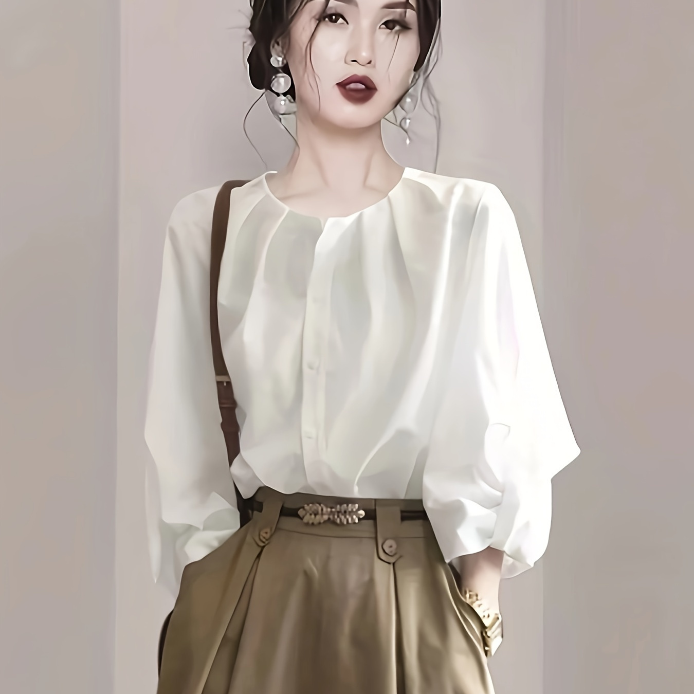 

Solid Pleated Button Front Blouse, Elegant 3/4 Sleeve Blouse For Spring & Fall, Women's Clothing